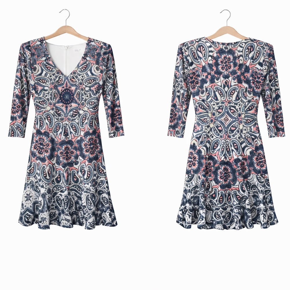 Eliza J Petite 0 Paisley Medallion Fit & Flare Dress 3/4 Sleeve